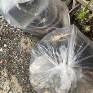 玄関周り掃除でまとめた植木鉢、枯れ葉、根詰まりした植物などをゴミ袋にまとめた写真